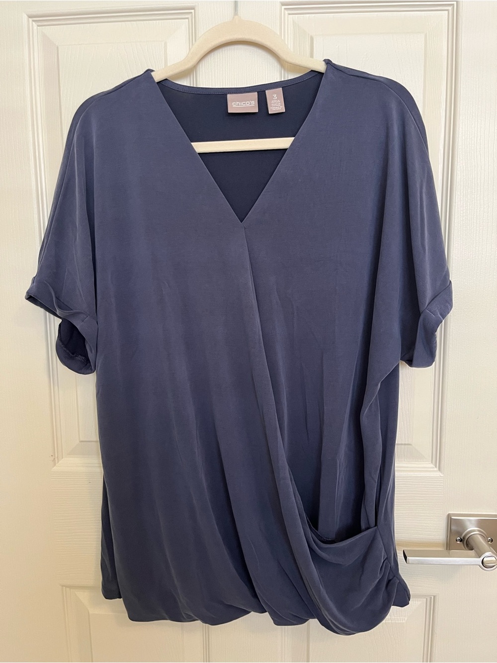 chico's V-Neck Draped Blouse in Blue Size Medium size 3 - Picture 2 of 5